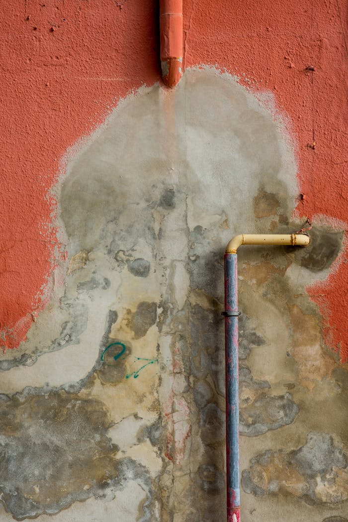 A textured wall with peeling paint and exposed rusty pipes showing effects of water damage.